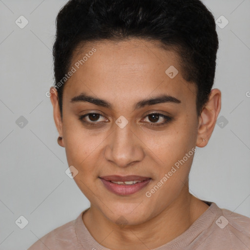 Joyful latino young-adult female with short  brown hair and brown eyes