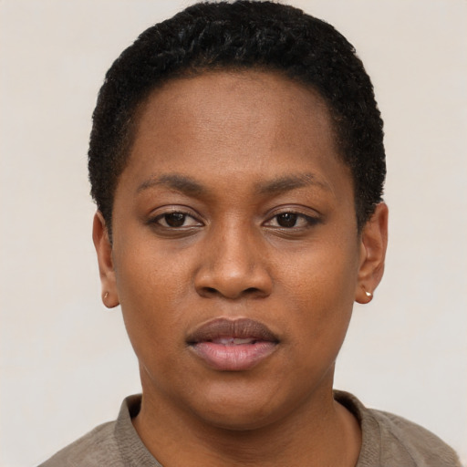 Neutral black young-adult female with short  black hair and brown eyes