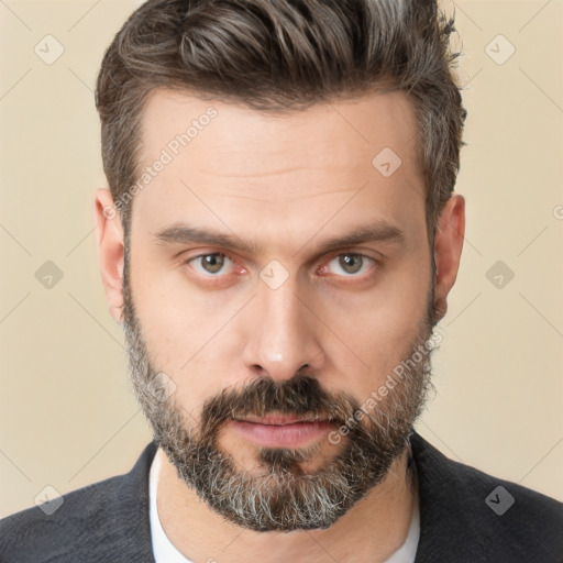 Neutral white adult male with short  brown hair and brown eyes