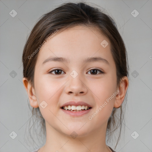 Joyful white child female with medium  brown hair and brown eyes