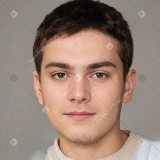 Neutral white young-adult male with short  brown hair and brown eyes