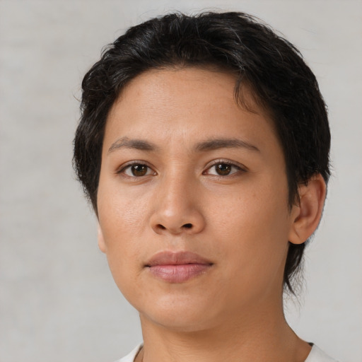 Neutral asian young-adult female with short  brown hair and brown eyes