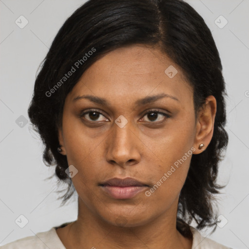 Neutral black adult female with medium  brown hair and brown eyes