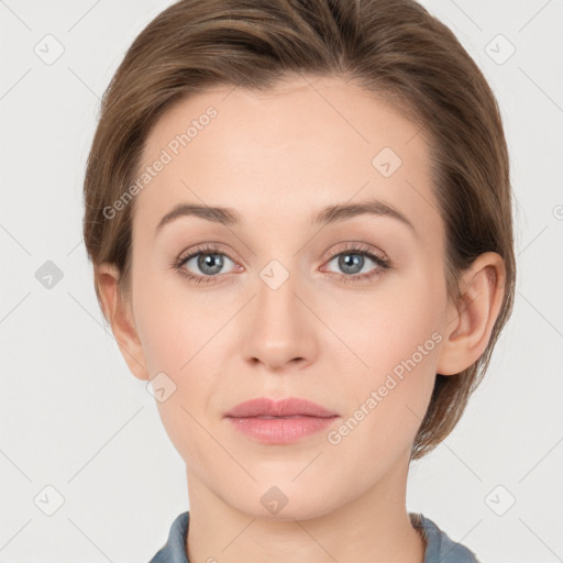 Neutral white young-adult female with medium  brown hair and grey eyes