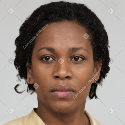 Neutral black young-adult female with short  brown hair and brown eyes