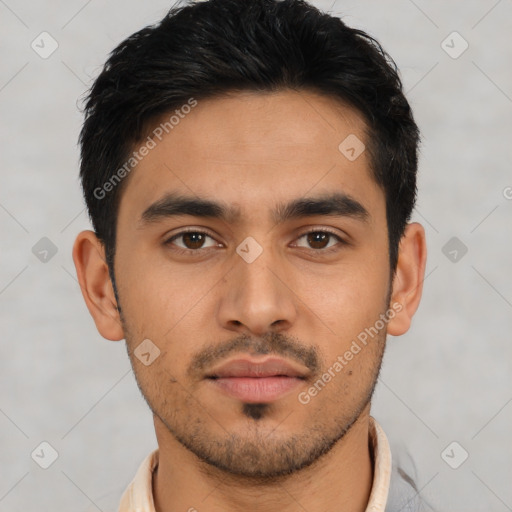 Neutral asian young-adult male with short  brown hair and brown eyes