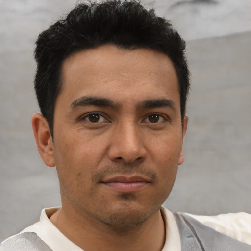 Neutral asian young-adult male with short  black hair and brown eyes