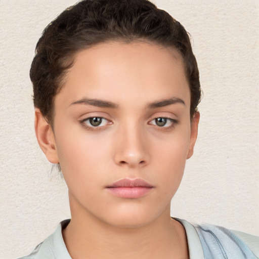 Neutral white young-adult female with short  brown hair and brown eyes