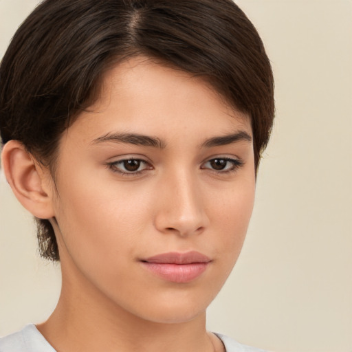 Neutral white young-adult female with short  brown hair and brown eyes