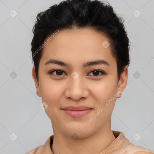 Joyful asian young-adult female with short  brown hair and brown eyes