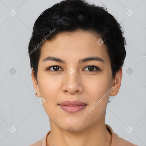 Joyful asian young-adult female with short  black hair and brown eyes