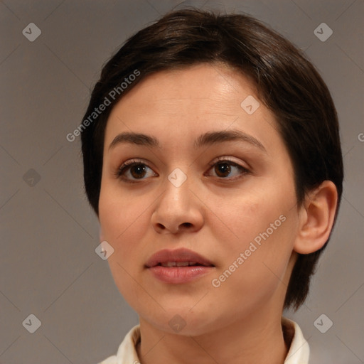 Joyful white young-adult female with medium  brown hair and brown eyes