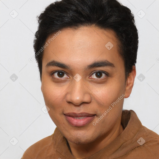 Joyful latino young-adult female with short  brown hair and brown eyes