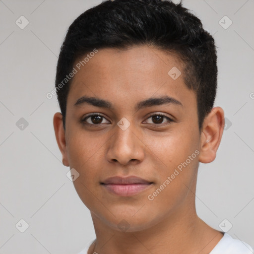 Joyful latino young-adult female with short  brown hair and brown eyes