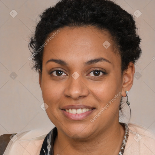 Joyful latino young-adult female with short  brown hair and brown eyes