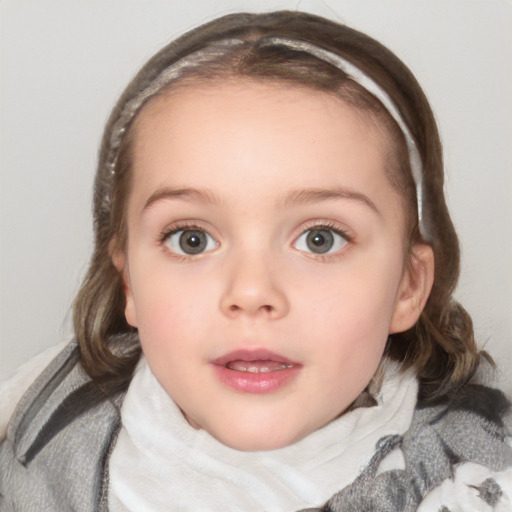 Neutral white child female with medium  brown hair and blue eyes