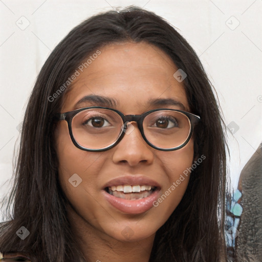 Joyful latino young-adult female with long  brown hair and brown eyes