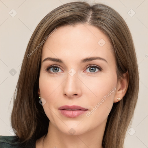 Neutral white young-adult female with long  brown hair and brown eyes