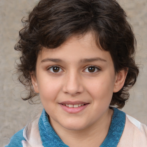 Joyful white child female with medium  brown hair and brown eyes