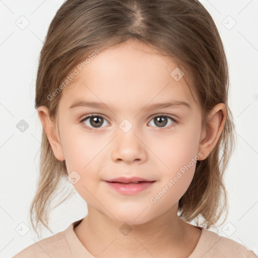 Joyful white child female with medium  brown hair and brown eyes