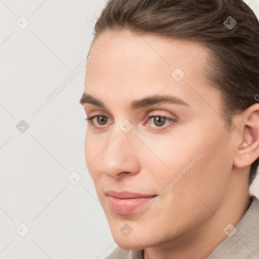 Neutral white young-adult female with short  brown hair and brown eyes