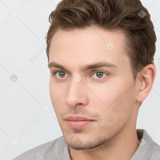 Neutral white young-adult male with short  brown hair and brown eyes