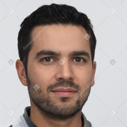 Neutral white young-adult male with short  black hair and brown eyes
