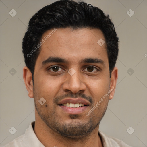 Neutral latino young-adult male with short  black hair and brown eyes