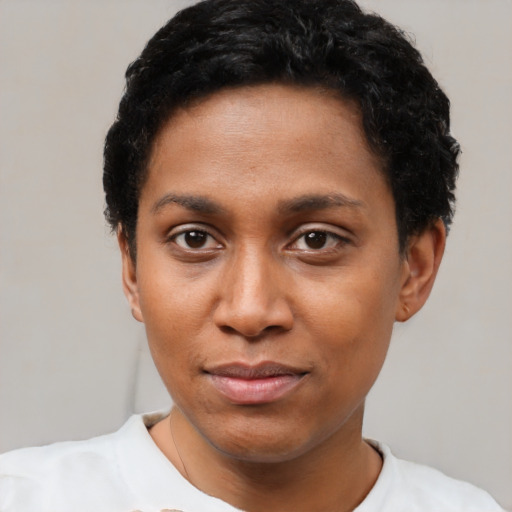 Joyful black young-adult female with short  black hair and brown eyes