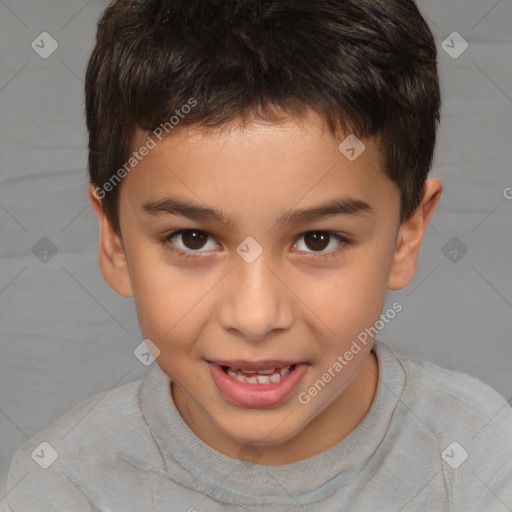 Joyful white child male with short  brown hair and brown eyes