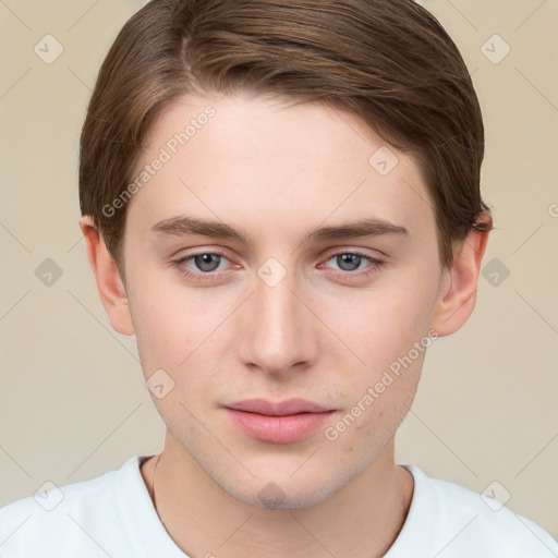 Neutral white young-adult male with short  brown hair and brown eyes