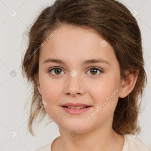 Joyful white child female with medium  brown hair and brown eyes