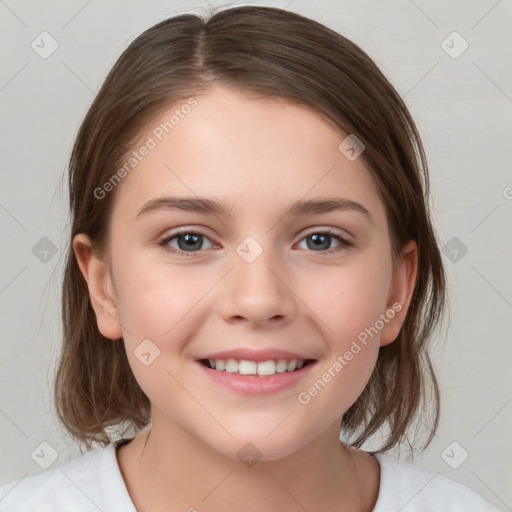 Joyful white child female with medium  brown hair and brown eyes