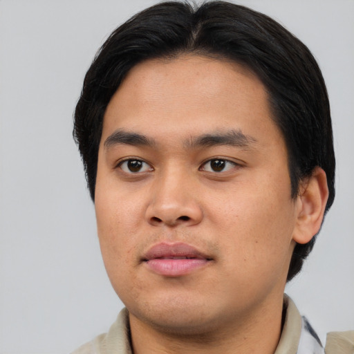 Neutral asian young-adult male with short  black hair and brown eyes