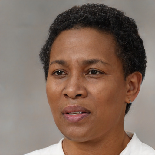 Joyful black adult female with short  brown hair and brown eyes