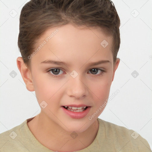 Joyful white child female with short  brown hair and brown eyes