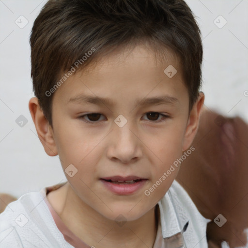 Joyful white child male with short  brown hair and brown eyes