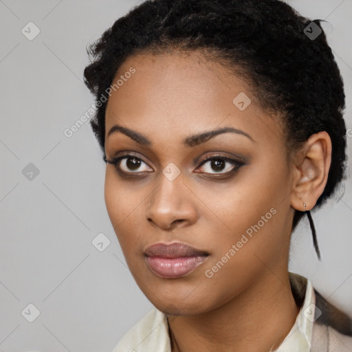 Joyful latino young-adult female with short  black hair and brown eyes