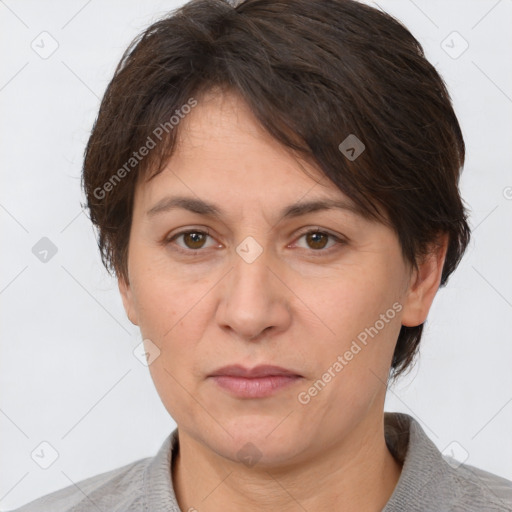 Neutral white adult female with short  brown hair and brown eyes