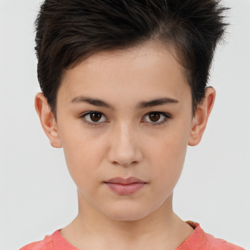 Neutral white young-adult female with short  brown hair and brown eyes
