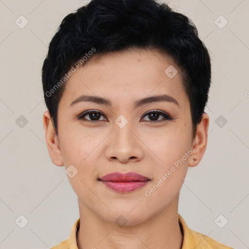 Joyful latino young-adult female with short  black hair and brown eyes