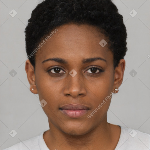 Neutral black young-adult female with short  black hair and brown eyes