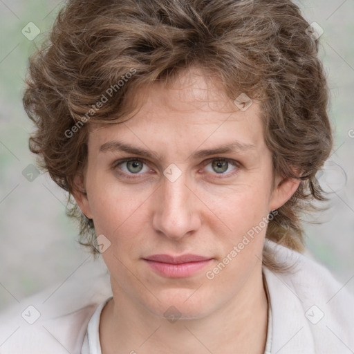 Joyful white young-adult female with medium  brown hair and green eyes