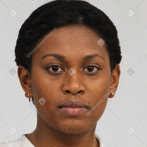 Neutral black young-adult female with short  brown hair and brown eyes