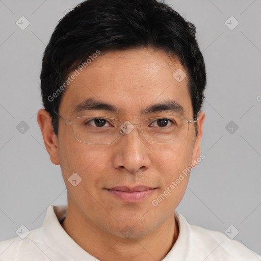 Joyful asian young-adult male with short  brown hair and brown eyes