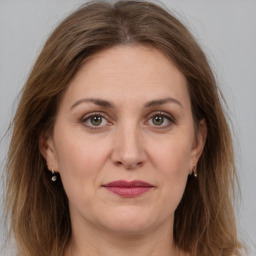 Joyful white adult female with medium  brown hair and grey eyes