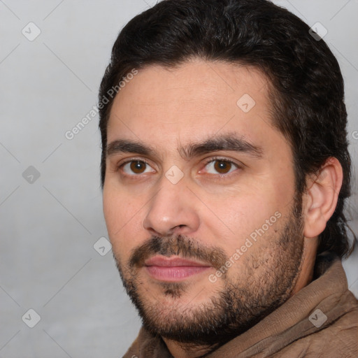 Joyful white young-adult male with short  black hair and brown eyes