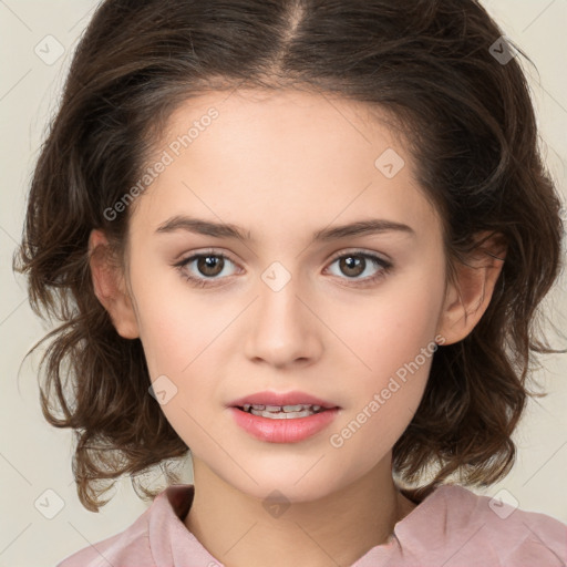 Joyful white child female with medium  brown hair and brown eyes