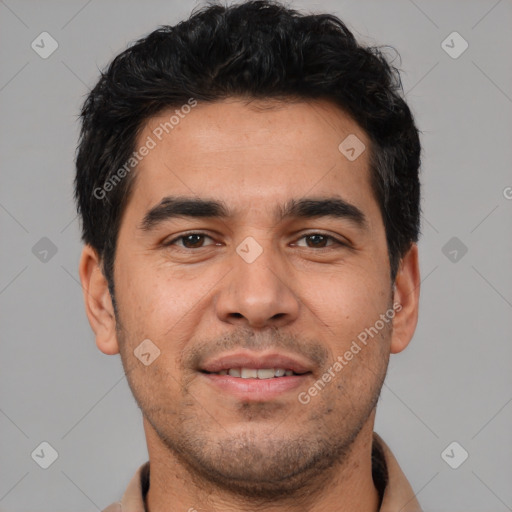 Joyful white young-adult male with short  black hair and brown eyes