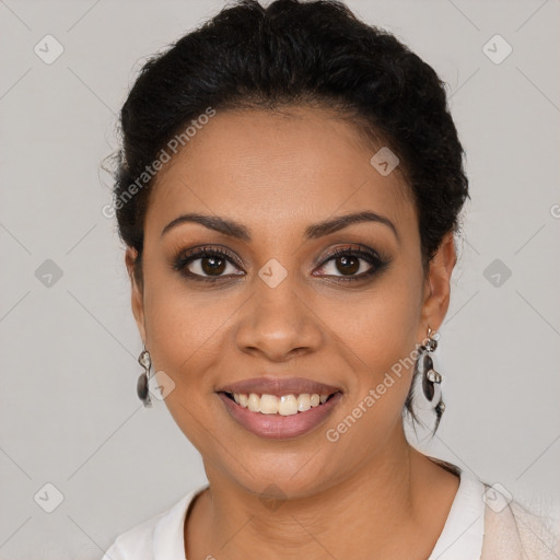 Joyful latino young-adult female with short  brown hair and brown eyes